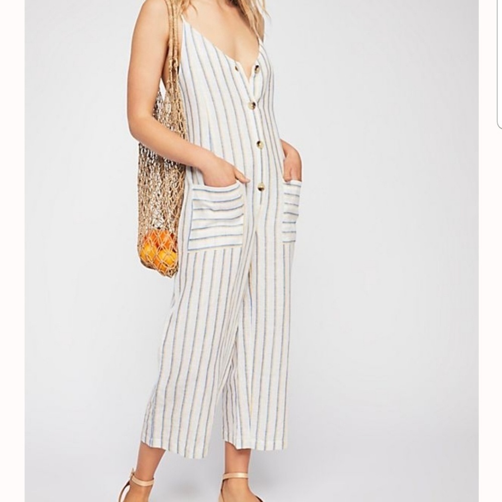 Free People Striped Jumpsuit in White and Blue